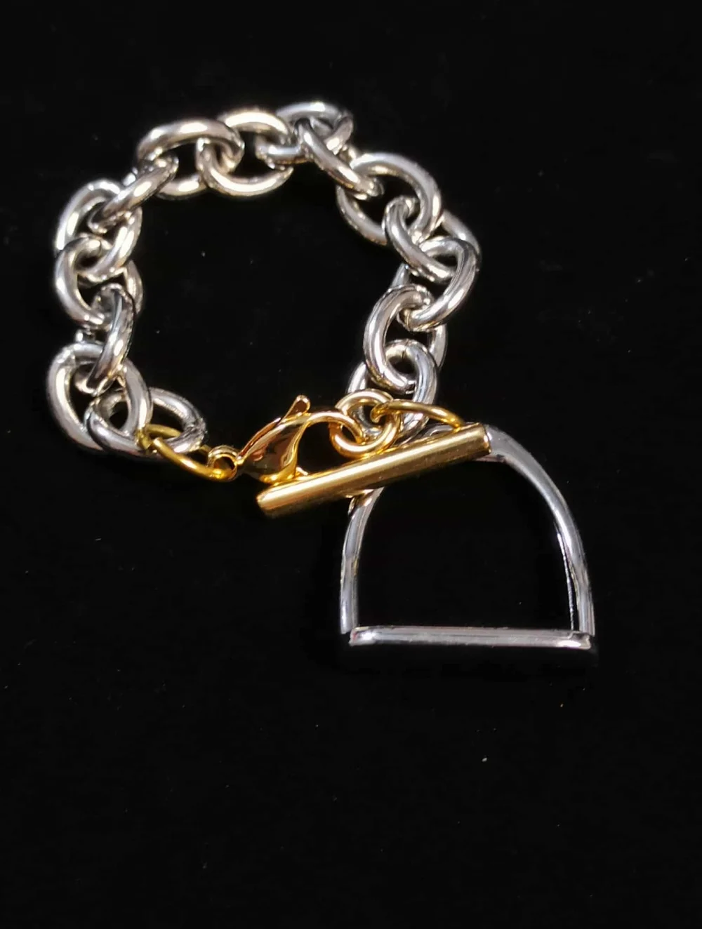 Chunky Stirrup Charm Bracelet Silver Gold Tone Equestrian Link Statement